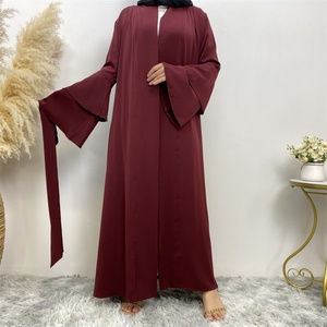1930# High Quality Burgundy Open Abaya With Side Pockets 2 Layered Sleeve Dubai Abayas <b>Cardigan</b> for Muslim Women - Product Image 2