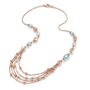 Collier Mala italien en argent 925, finition or rose, cristal bleu, chaîne multicouche, bijoux de créateur pour femmes - Product Image 1