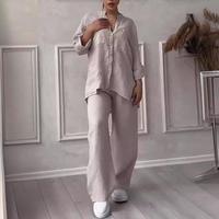 Ensemble de détente pour femme : chemise boutonnée à manches longues, pantalon large à taille élastiquée, coupe décontractée, style bohème, idéal pour la plage et les vacances