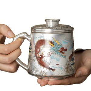 Tasse à thé en argent plaqué or avec motif Dragon Phénix, 200-400 ml, avec couvercle, cadeau, mariage, bureau, mug - Product Image 5