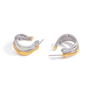 18K Gold And Stainless Steel Two-Tone Double Layer C Ring Hoop Earrings For Women Everyday Wear Jewelry - Product Image 5
