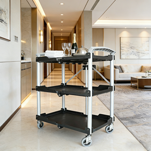 Carrito de Servicio Plegable de Plástico de 3 Niveles, Negro, Portátil, con Cuatro Ruedas, para Restaurante, Herramientas - Product Image 1