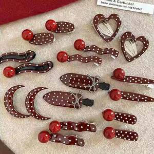 Nuove Mollette per Capelli in Lega Rosso Scuro di Tendenza per Ragazze, Nuove Mollette Smaltate a Forma Geometrica di Cuore/Luna/Ondulata, Mollette Senza Pieghe per Ragazze - Product Image 1