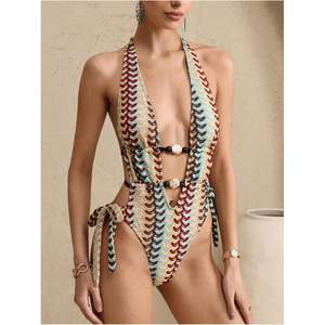 Maillot de bain une pièce personnalisé pour femme, col en V profond, dos nu, crocheté, rayé, avec cordon de serrage et design ajouré - Product Image 1