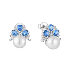 YILUN Classic 925 Sterling Silver Blue Topaz CZ And Pearl Stud Earrings Rhodium Plated Fashion Jewelry Earrings For Women