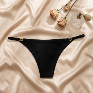 Women's Low Rise Black <b>Seamless</b> <b>Thong</b> Panty with Gold Logo Waistband Ultra Thin Knitted Underwear Solid Color Sexy Panties - Product Image 3