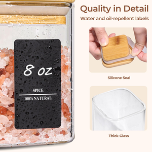 8oz Black Square Glass Spice Jars Bamboo Airtight Lids White Labels for Kitchen Pantry Food Storage <b>Container</b> - Product Image 6