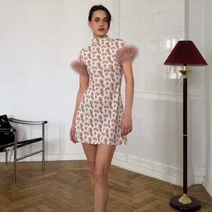 Floral <b>Print</b> High Neck Bodycon <b>Mini</b> Dress Natural Waist Slim Fit Cocktail Dress For Banquet Date Party Street Photography - Product Image 1