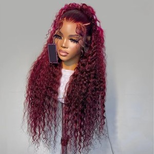 Vente en gros sans colle bordeaux vin rouge crépus bouclés cheveux humains dentelle frontale perruque vague d'eau tisse et perruques cheveux brésiliens péruviens - Product Image 5