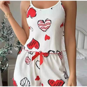 Conjunto de Pijama de Algodão Feminino para o Verão com Estampa de Coração, Top Sem Mangas e Shorts, 2 Peças, Respirável, Secagem Rápida, Cintura Elástica - Product Image 1