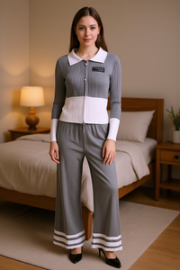 Yms185t Set Pigiama Lavorato a Maglia per Donna, Manica Lunga con Colletto Peter Pan, Lunghezza Intera, Abbigliamento Casual da Notte, Autunnale, Morbido, 100% Acrilico - Product Image 2