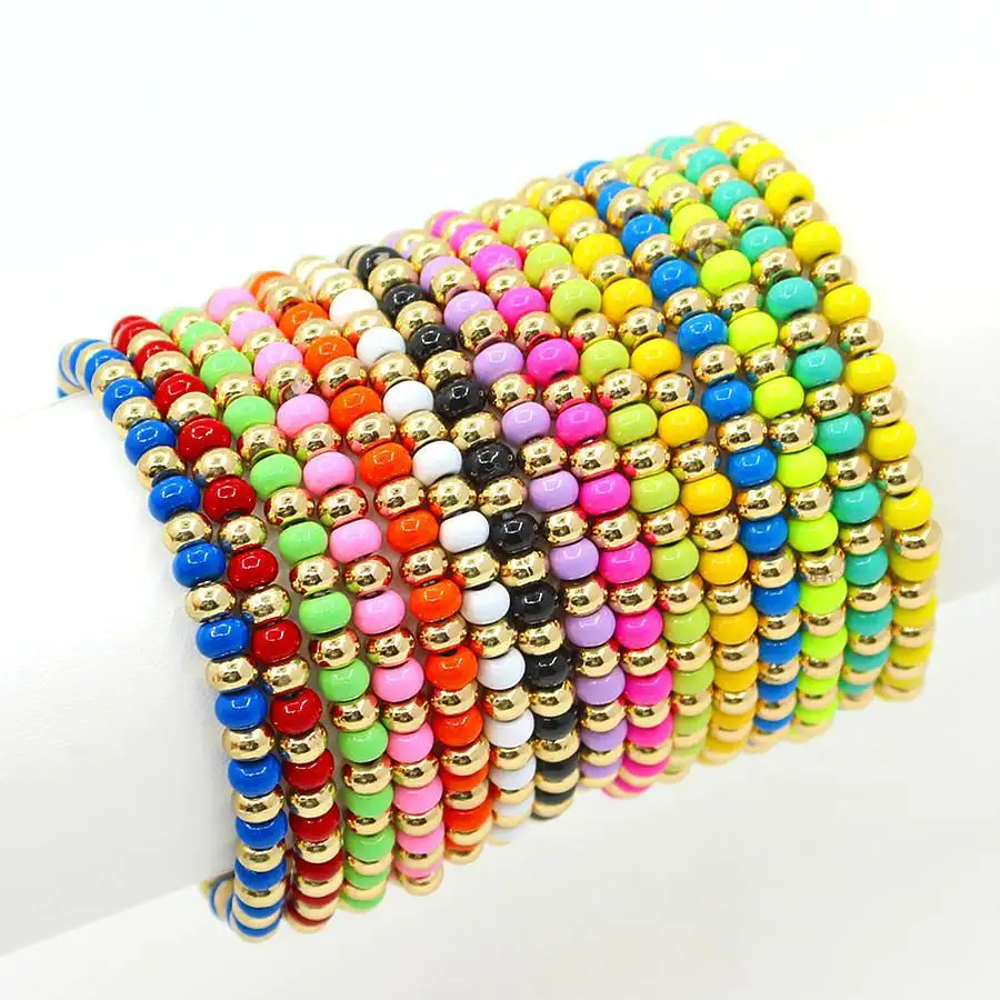 Bohemia Summer Handmade Toddler Kids Jewelry Stretch Rainbow Opaque Multicolor Mix Plastic Craft Pony Seed Beads Bracelet