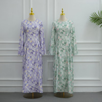 Robe longue élégante grande taille à imprimé floral double couche pour femme, manches longues, abaya musulmane modeste, ample et fluide