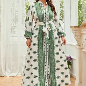 Dress For Muslim Ladies New Fashion Floral Dress A Link Dress Long Puff Sleeve Stank Neck With Sashes islamic clothing