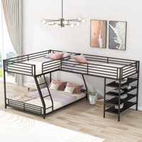 Litera Triple de Metal en Forma de L con Cama Alta, Escritorio, Barandillas y Escaleras