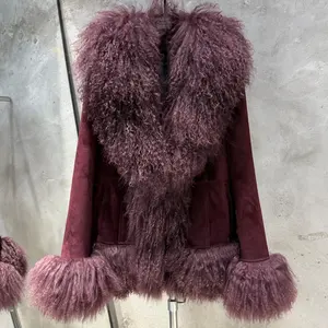 Veste en fourrure de Mongolie, veste en fourrure de mouton véritable, manteaux pour femmes, vestes en cuir suédé avec fourrure - Product Image 1