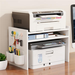 Étagère d'imprimante de bureau en bois, organisateur de rangement à double couche pour bureau avec crochets et porte-crayons, style moderne et minimaliste - Product Image 2
