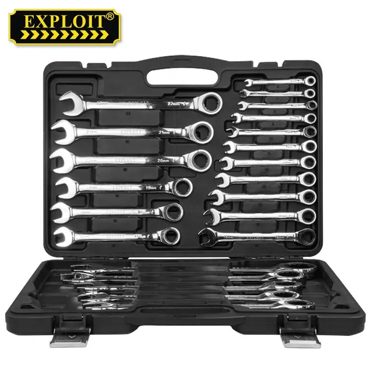 Heavy Duty 6-32MM Hand Tool Portable Universal 22PCS Fixed Head Combination Ratchet Spanner Wrench Set With Plastic Box