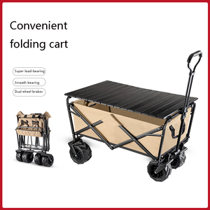 8 Inch Narrow Multifunctional <b>Folding</b> Trolley Camping <b>Table</b> Outdoor Four-Wheel Wagon Fold Camp Cart Black and Khaki - Product Image 3