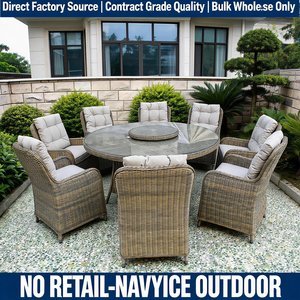 Factory Direct Wholesale 8-Seat Full <b>Round</b> Rattan Dining Set with Lazy Vintage <b>Patio</b> <b>Table</b> & Chairs for Hotel & Projects - Product Image 2