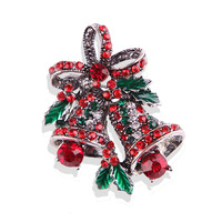 Broche double cloches nœud papillon de Noël vintage avec feuilles vertes et strass colorés pour femmes hommes bijoux de Noël