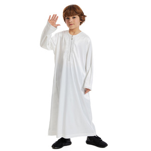 Tela <span class=keywords><strong>de</strong></span> Color puro borde <span class=keywords><strong>de</strong></span> estilo sencillo con cremallcierre <span class=keywords><strong>de</strong></span> la parte delantera <span class=keywords><strong>ropa</strong></span> musulmana Eid para niños - Product Image 4