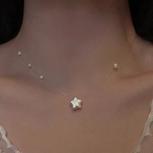 Collier de perles d'eau douce naturelles étoiles éblouissantes de fée exquise, chaîne de clavicule, ligne de pêche invisible, colliers de perles - Product Image 3