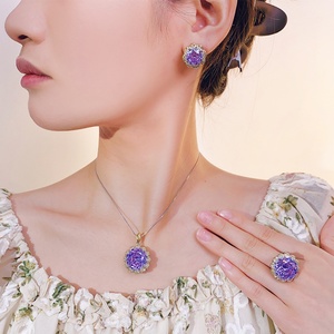 Wholesale Eco-friendly Copper Women Jewelry Set Gold Plated 16-10mm Purple Zircon Vintage Delicate Pendant <b>Earrings</b> Set - Product Image 6