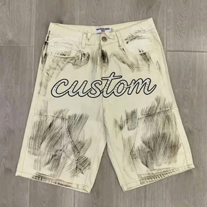Hong Kong Custom Streetwear Letter-embroidered Designer Mens Denim Shorts Washed Ink-splatter Sketch Rhinestone Denim Shorts - Product Image 3