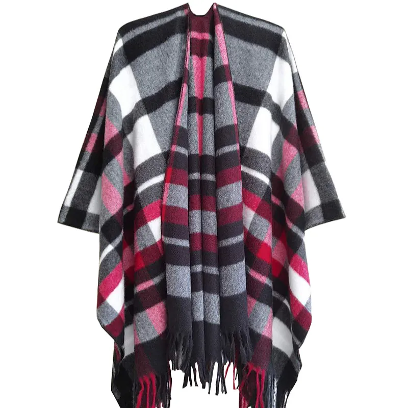 2022 New Arrival Luxury Split Cape Thickened Plaid Tassel Shawl Winter Polyester Shawl For Ladies