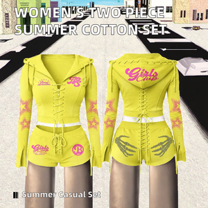 Two Piece <b>Set</b> Women Casual Collarless Knee Summer Clothing Custom Brand Logo <b>Embroidery</b> Polyester/Cotton Jacket Shorts - Product Image 2