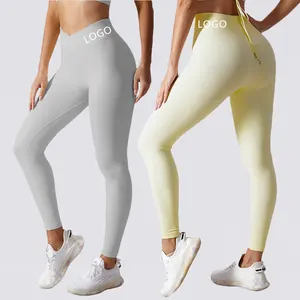 Collant De Sport Custom Logo High Rise Cross Waist Tummy Control Running Sports Tights Ribbed Seamless Yoga Female Leggings