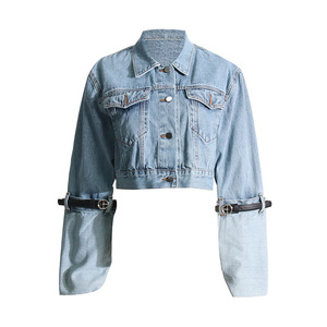 LEDUO Hot Supplier Veste de motard décontractée <span class=keywords><strong>en</strong></span> <span class=keywords><strong>jean</strong></span> pour femmes, manteau court à manches longues délavé et ajusté. - Product Image 1