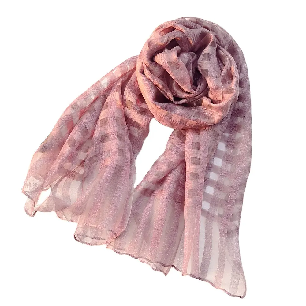 2024 printemps nouveau foulard en soie à carreaux femmes fil d'or soie foulard en soie femmes couleur unie châle