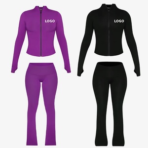 2025 donna Casual da palestra due pezzi body ricamato con <span class=keywords><strong>giacca</strong></span> con cerniera <span class=keywords><strong>e</strong></span> pantaloni da jogging a maniche lunghe con motivo solido - Product Image 1