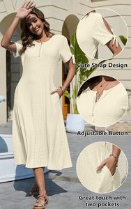 CheChury <span class=keywords><strong>A</strong></span>-ligne Vestido Midi Elegante Para Mujer Vestido Casual De Verano Con Bolsillos Manga Corta <span class=keywords><strong>Y</strong></span> Cuello En V Boho <span class=keywords><strong>Y</strong></span> Bohemio - Product Image 2