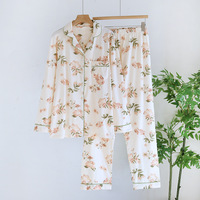 Piyama Katun Rajutan Motif Bunga Manis Wanita Musim Semi Gugur Set Lengan Panjang Celana Panjang Pinggang Elastis untuk Pelajar Muda