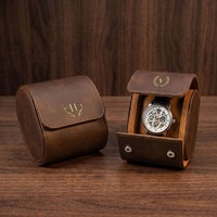 Étui de voyage rond en cuir véritable pour montre, fermeture à bouton, boîte de rangement à compartiment unique, 7 pouces