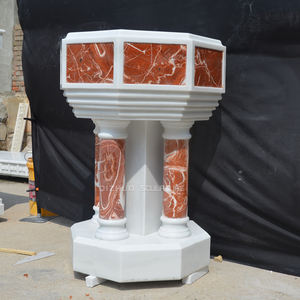 卸売手彫り宗教教会ナチュラ混合色石教会洗礼盆地彫刻大理石水フォント像 - Product Image 3