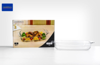 Loyang Panggang Gaya Baru Bentuk Oval Kaca Borosilikat dengan Pegangan Desain Volume Besar Tahan Panas Dapat Digunakan di Microwave Aman untuk Oven