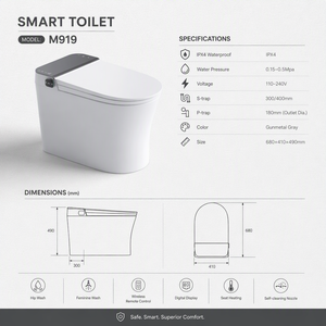 WC intelligent monobloc avec bidet à chasse automatique, siège chauffant, télécommande, commande vocale, sans réservoir, siphon en P, à poser au sol - Product Image 3