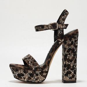 Sandales à bout carré pour femmes, ornées de strass, talons épais, plateforme large, imprimé léopard, chaussures de soirée - Product Image 4