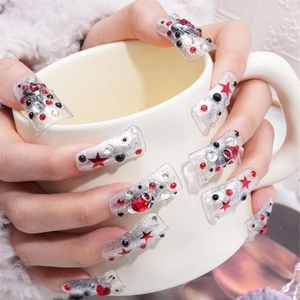 <span class=keywords><strong>Faux</strong></span> ongles gris à motif papillon rouge, forme bec de canard, personnalisés, faits main, à presser, pour usage privé - Product Image 3