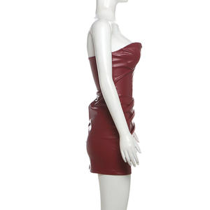 2025 Custom Winter New Women's <strong>Clothing</strong> - Sexy <strong>Tomboy</strong> Style Backless Fitted Plunging PU Skin-tight Midriff-baring Dress - Product Image 2