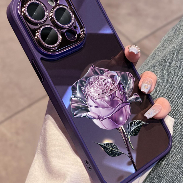 Luxury Purple Pink Rose Transparent Phone Case for Iphone 14 11 12 13 15 Pro MAX Plus Glitter Camer Lens Protect Acrylic Cover