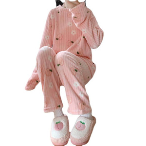 Fall Winter Thickened Cartoon Coral Velvet Flannel Women Pajama Sets Long Sleeve Pant Thermal Girls Nightwear - Product Image 5