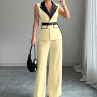 Ensemble décontracté 2 pièces été 2026 pour femme : veste sans manches taille haute et pantalon long en polyester