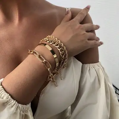 4 Stks/set Nieuwe Collectie Gouden Lichaam <span class=keywords><strong>Sieraden</strong></span> Overdreven Dikke Ketting Armband Vrouwen Fashion Charm Armband Vrouwen <span class=keywords><strong>Sieraden</strong></span>