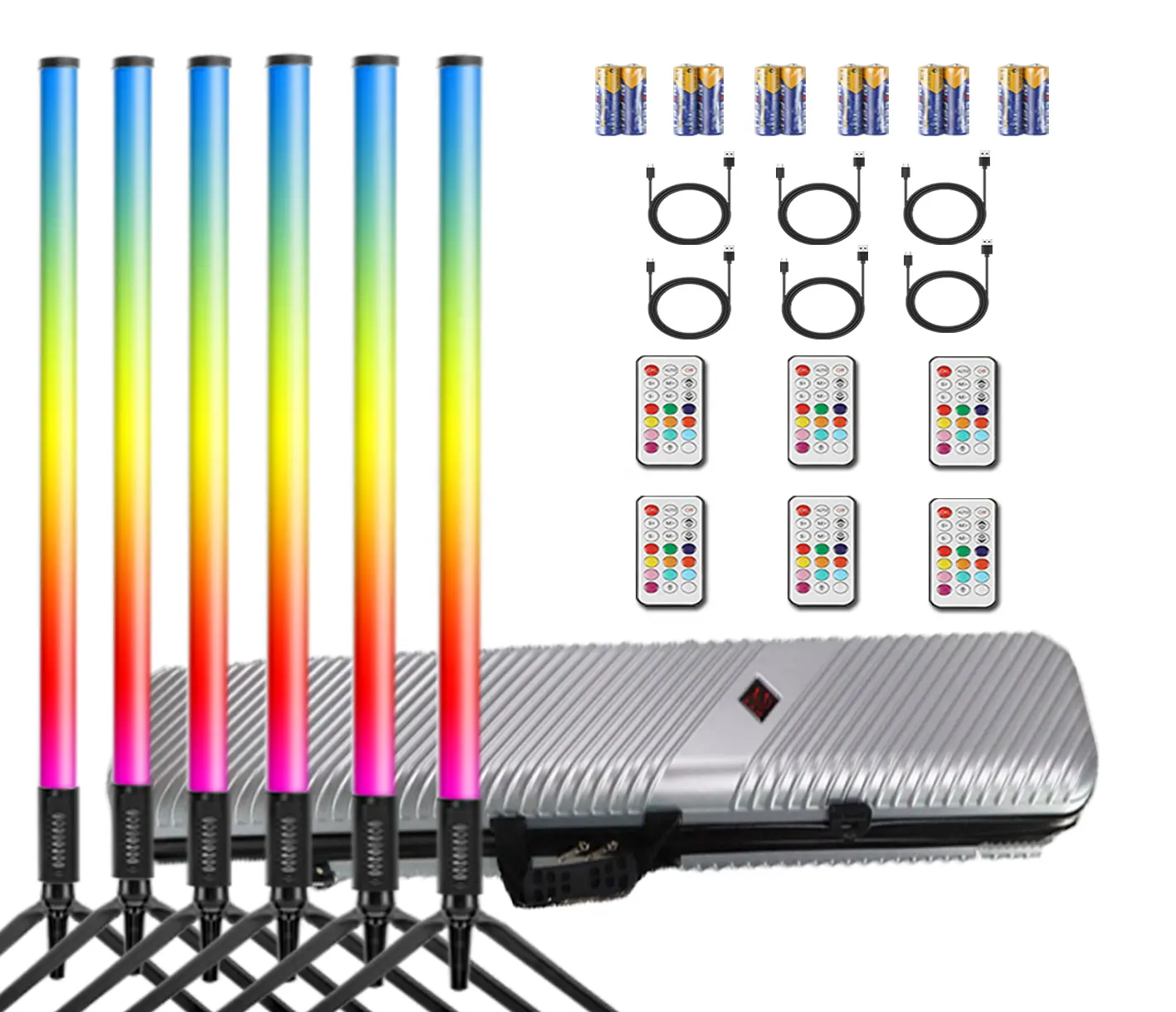 डीजे वेडिंग पार्टी स्टैंड स्टेज लाइट के लिए केस के साथ 6 पैक TL-130Plus 1.2m 4ft पोर्टेबल वायरलेस रिचार्जेबल RGB एलईडी ट्यूब लाइट