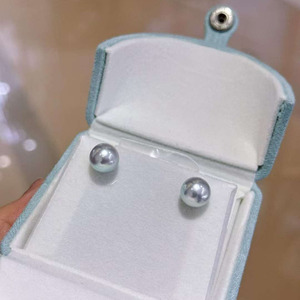 8-9mm Natural Akoya Silver Blue Pearl Stud <b>Earrings</b>, Near Round High Luster Grey Blue Seawater Pearl, S925 Silver <b>Posts</b> Included - Product Image 1